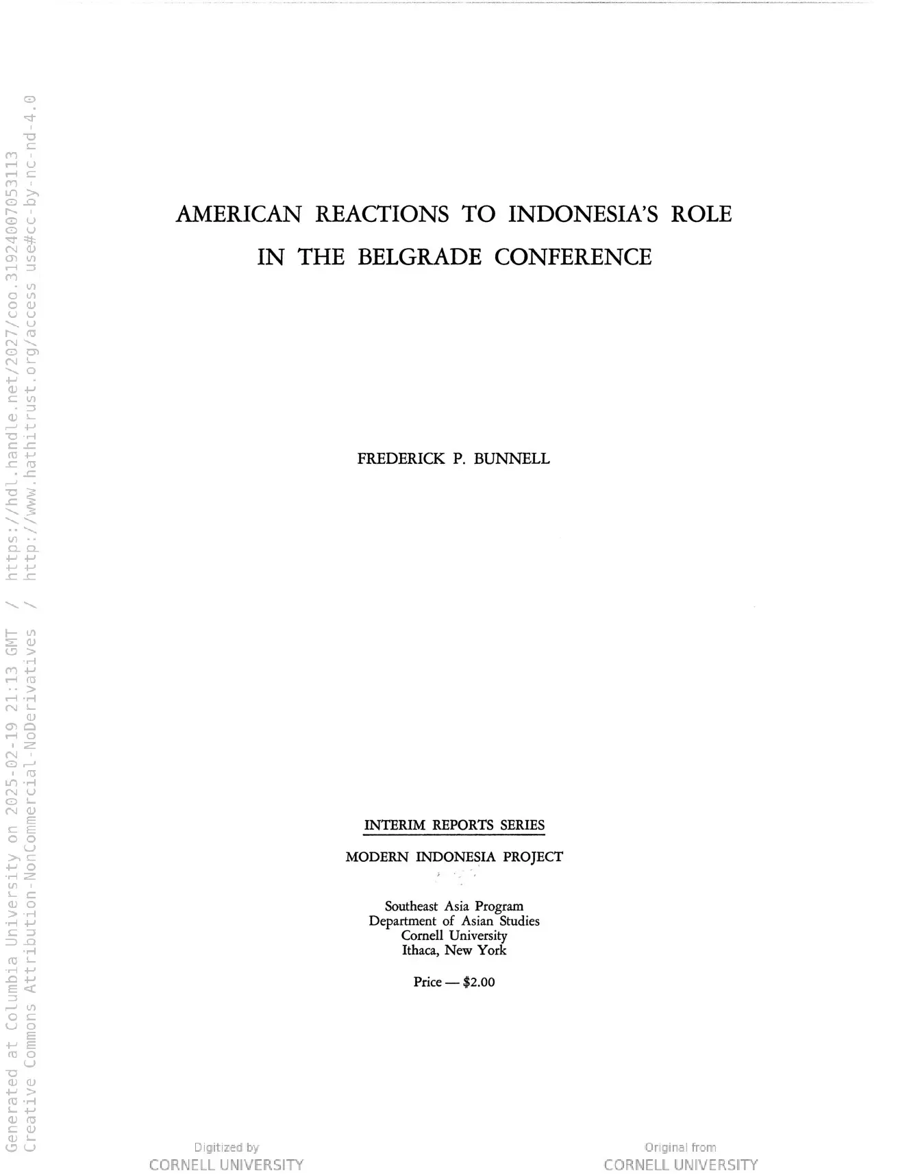 American Reactions to Indonesia's Role in the Belgrade Conference (Cornell Modern Indonesia Collection)