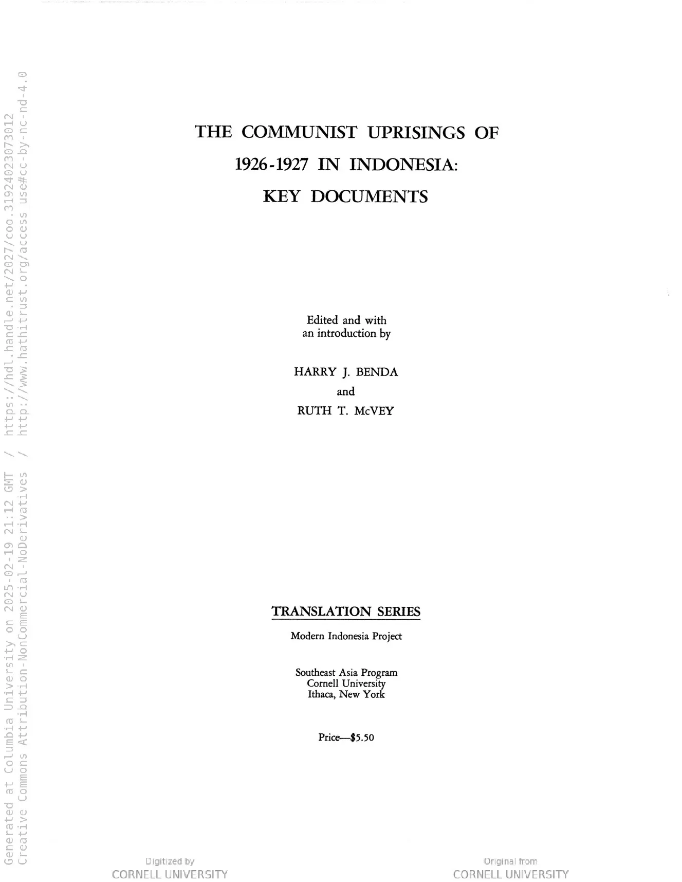 The Communist uprisings of 1926-1927 in Indonesia : key documents (Cornell Modern Indonesia Collection)