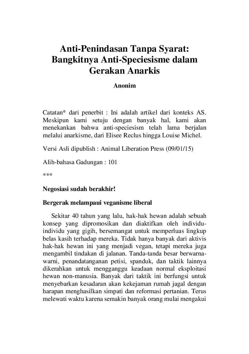 Anti-Penindasan Tanpa Syarat: Bangkitnya Anti-Speciesisme dalam Gerakan Anarkis