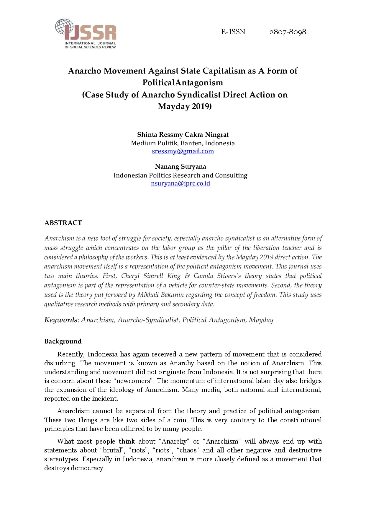 Anarcho Movement Against State Capitalism As A Form of Political Antagonism (Case Study of Anarcho Syndicalist Direct Action on Mayday 2019)