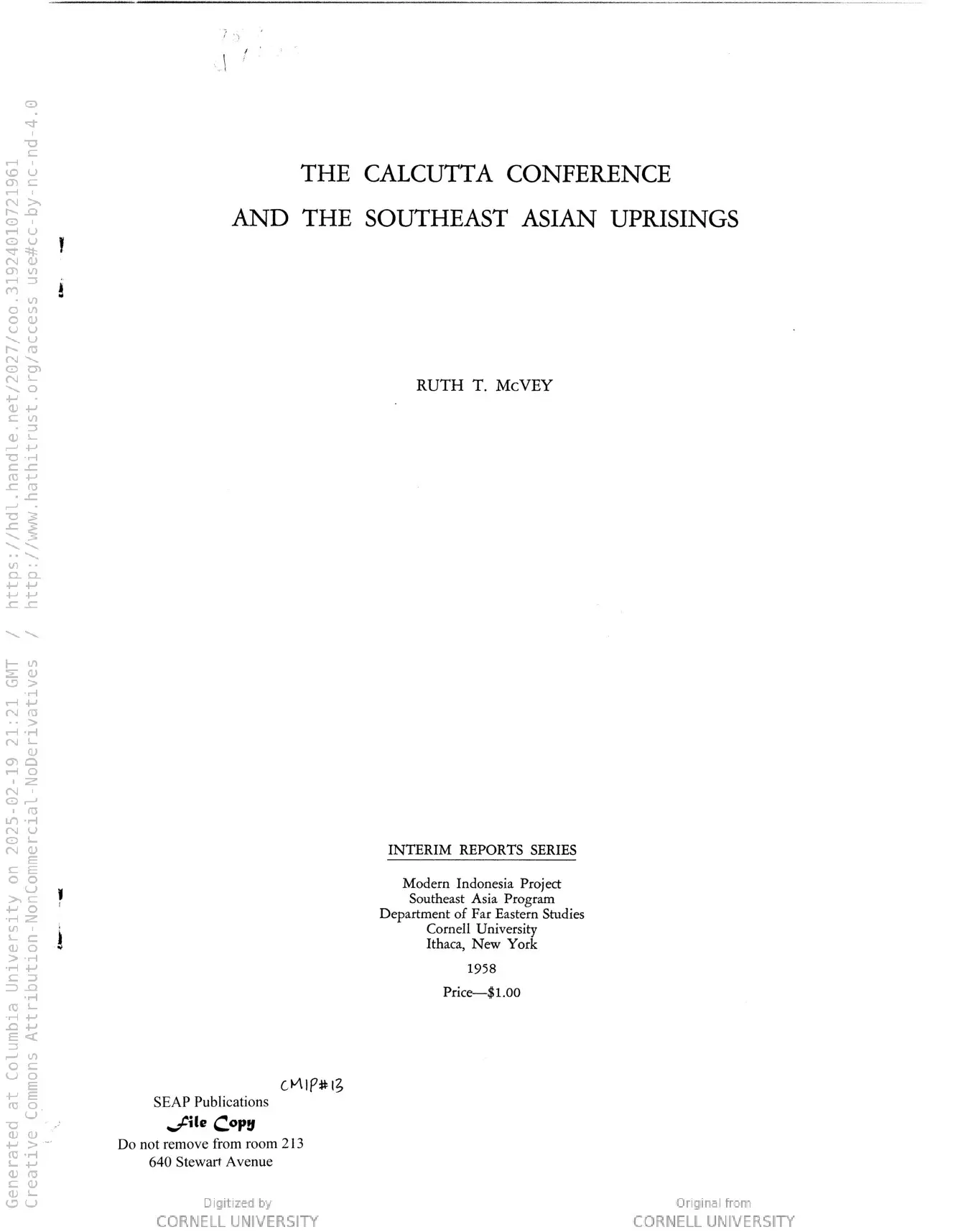 The Calcutta Conference and the Southeast Asian uprisings (Cornell Modern Indonesia Collection)