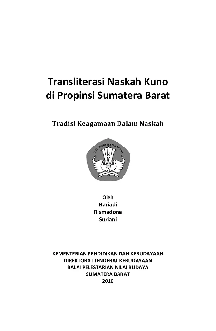 Transliterasi naskah kuno di Provinsi Sumatera Barat : tradisi keagamaan dalam naskah