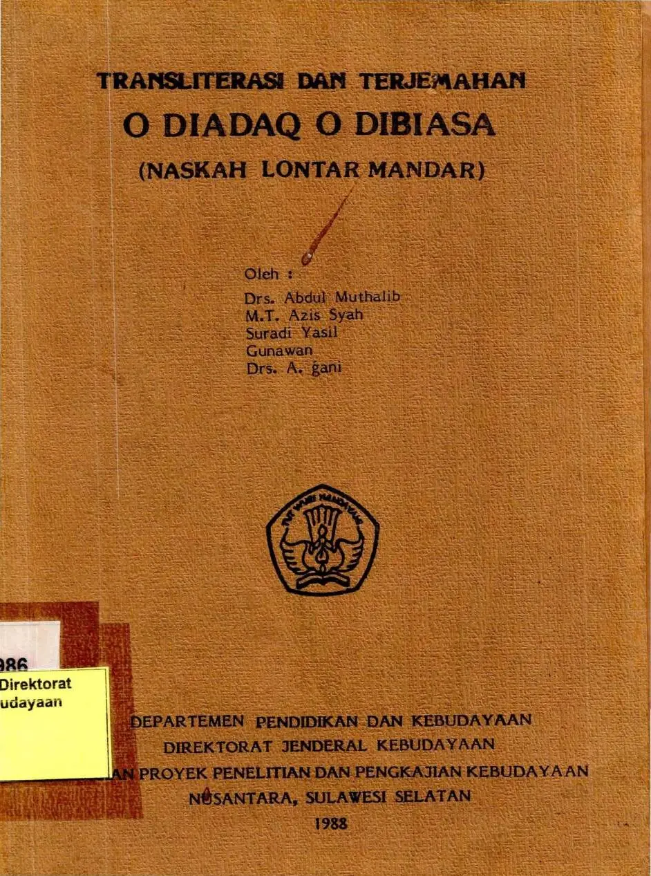 Transliterasi dan terjemahan o diadaq o dibiasa (naskah lontar mandar)