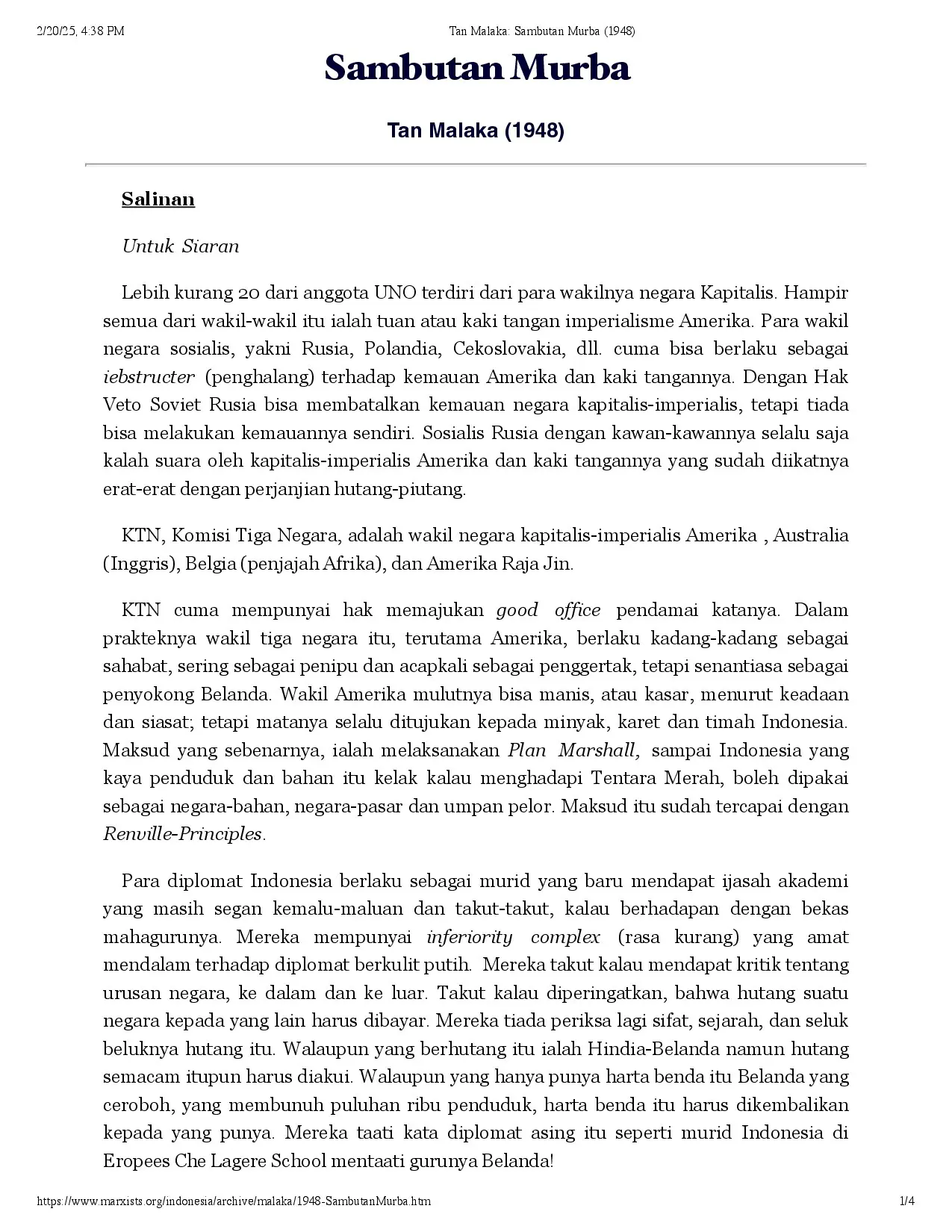 Tan Malaka: Sambutan Murba (1948)
