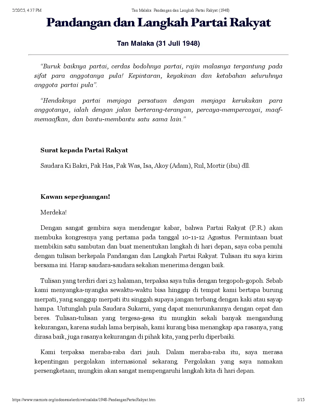 Tan Malaka: Pandangan dan Langkah Partai Rakyat (1948)