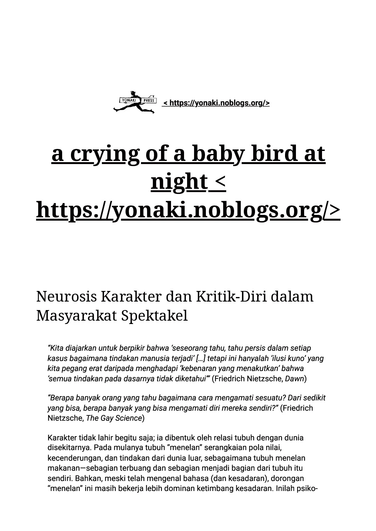 Neurosis Karakter dan Kritik-Diri dalam Masyarakat Spektakel