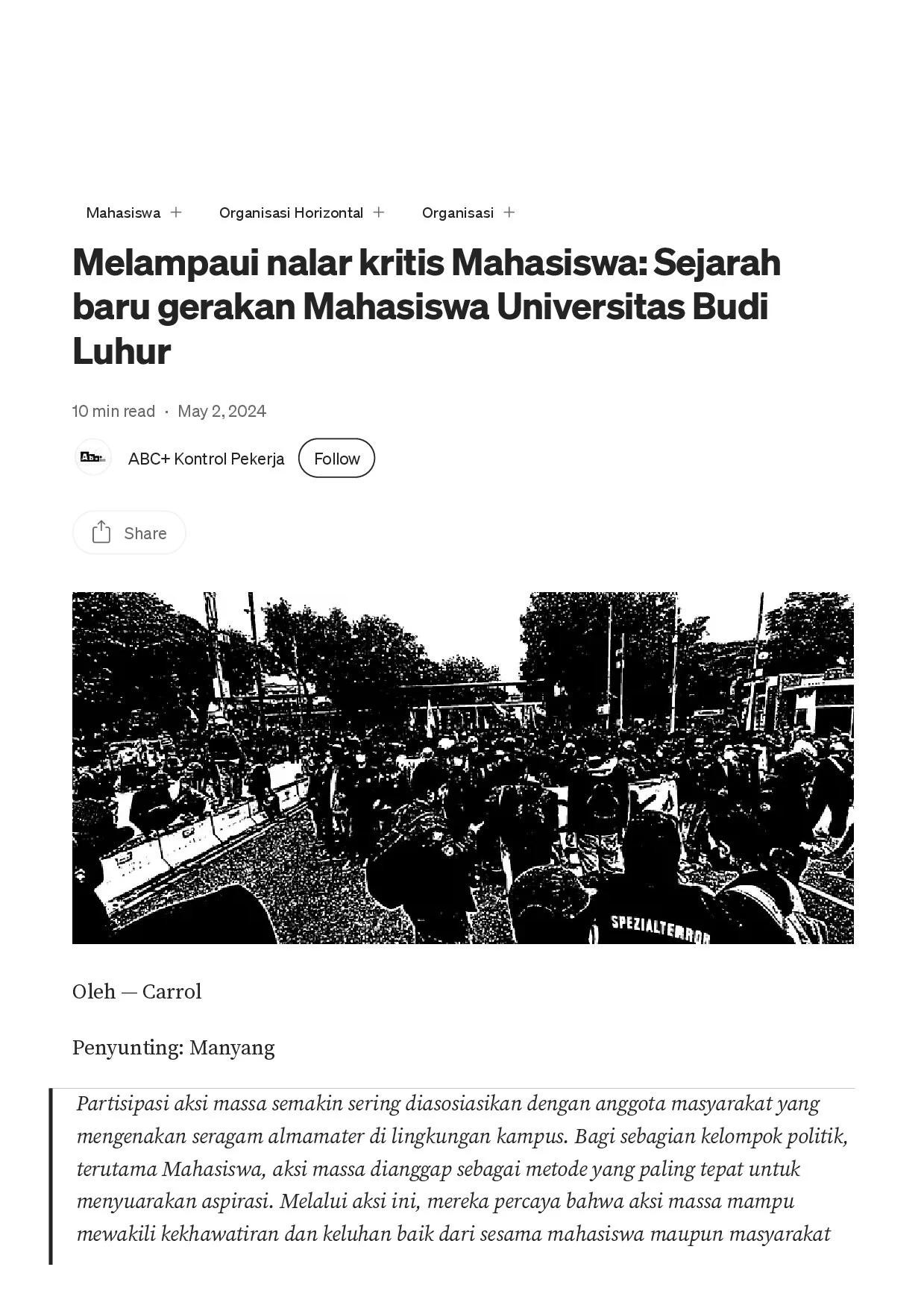 Melampaui Nalar Kritis Mahasiswa: Sejarah Baru Gerakan Mahasiswa Universitas Budi Luhur