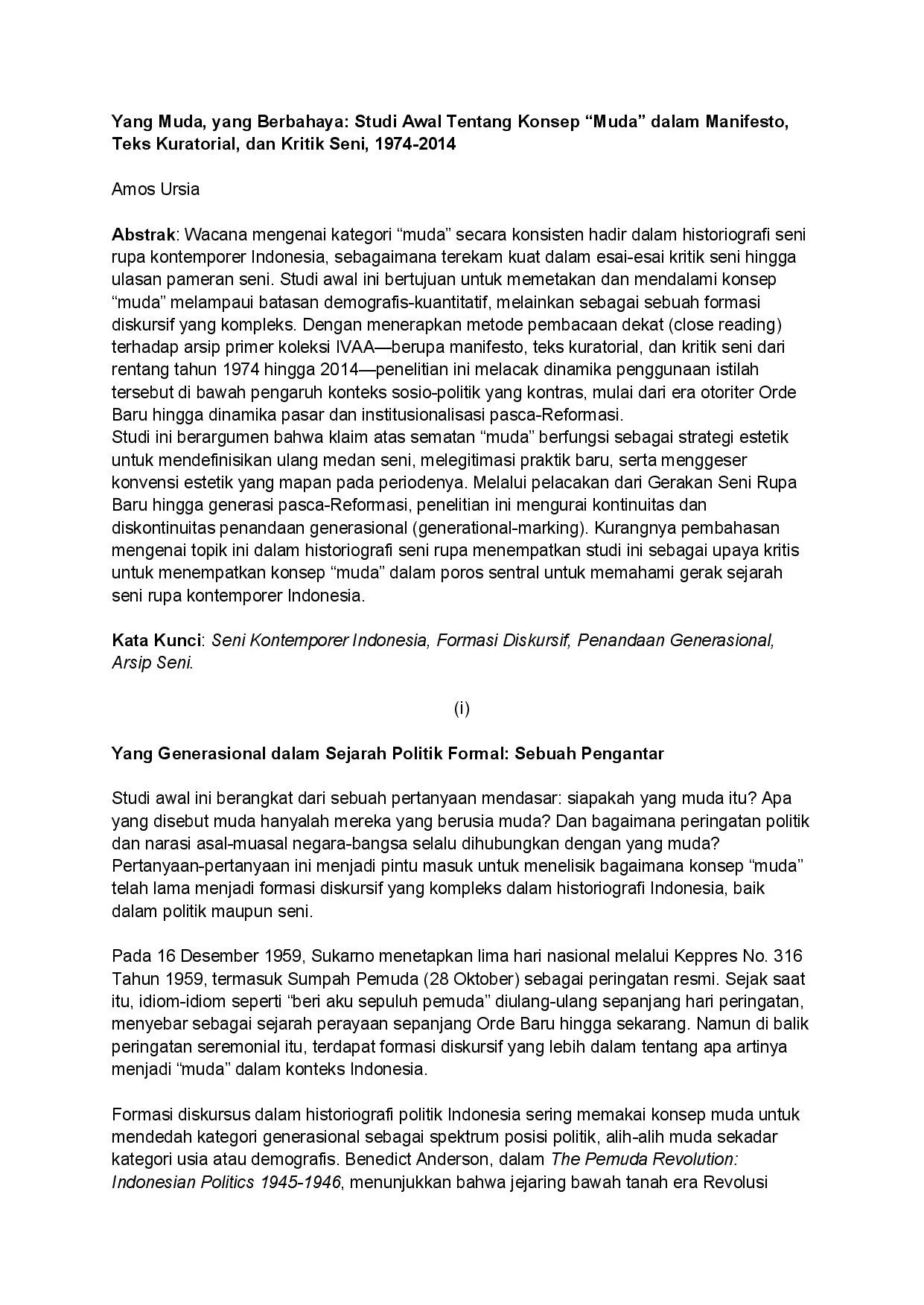 Yang Muda, yang Berbahaya: Studi Awal tentang Konsep "Muda" dalam Manifesto, Teks Kuratorial, dan Kritik Seni, 1974-2014