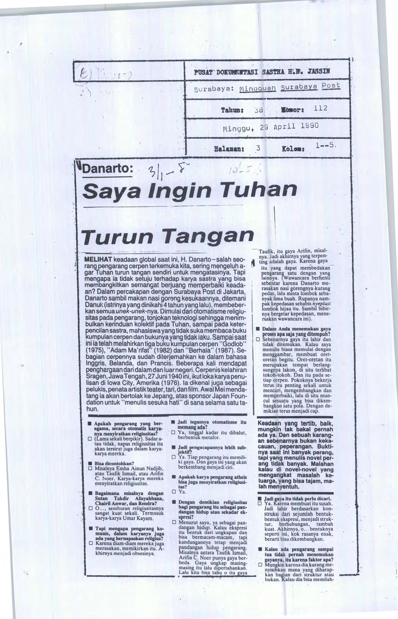 Danarto: Saya ingin Tuhan turun tangan (Danarto: I want God to get involved)