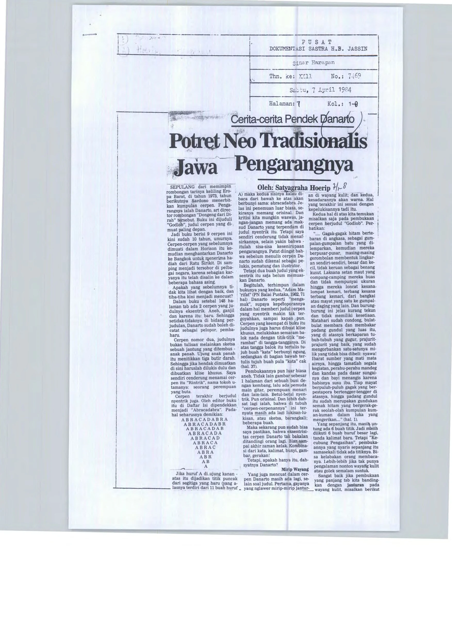 Cerita-cerita Pendek Danarto - Potret Neo Tradisionalis Jawa Pengarangnya (Danarto's short stories - A portrait of the Javanese neo traditionalist author)