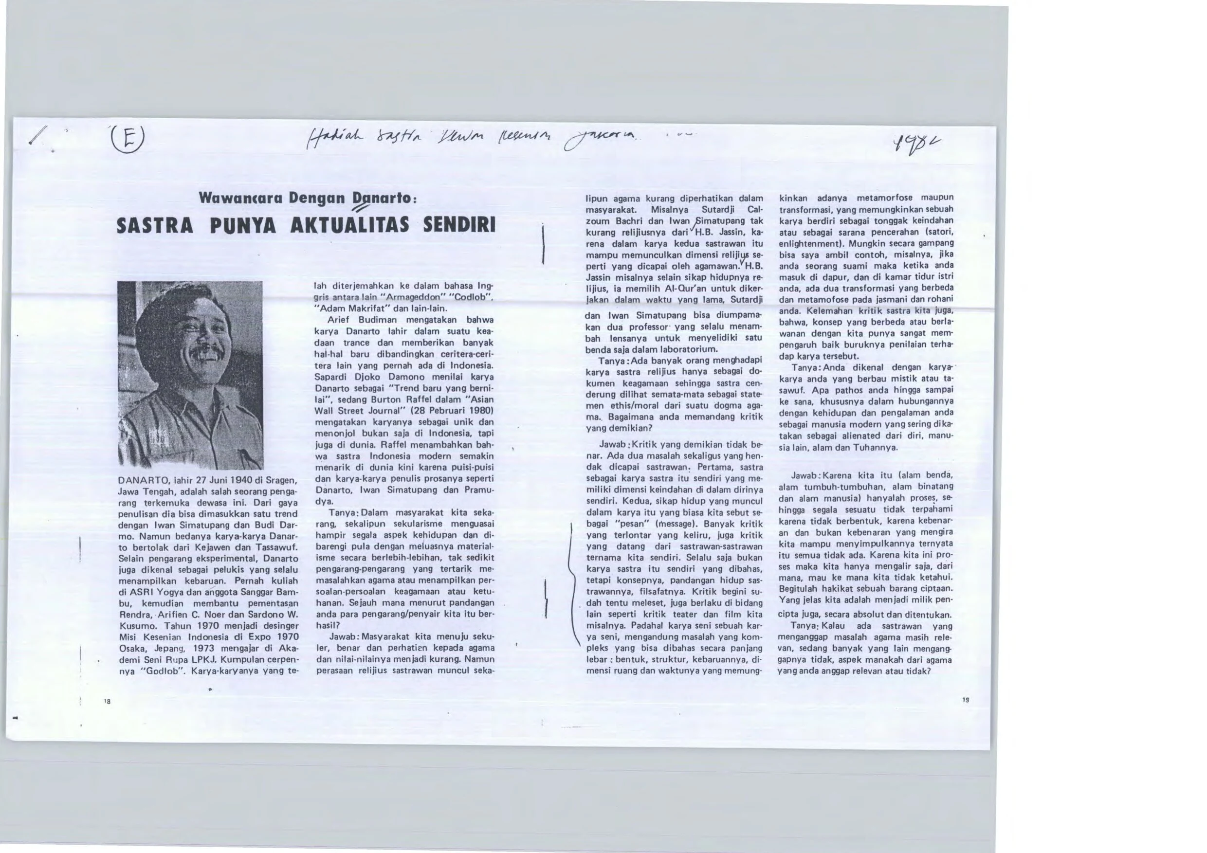 Interview with Danarto: Literature has its own Essence