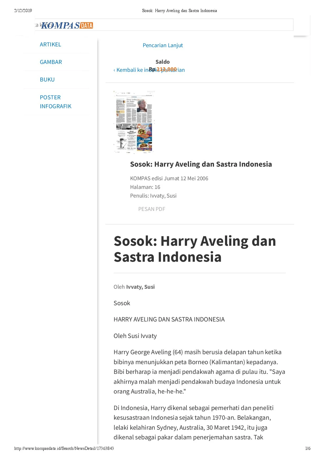 Sosok: Harry Aveling dan Sastra Indonesia (Figure: Harry Aveling and Indonesian Literature)