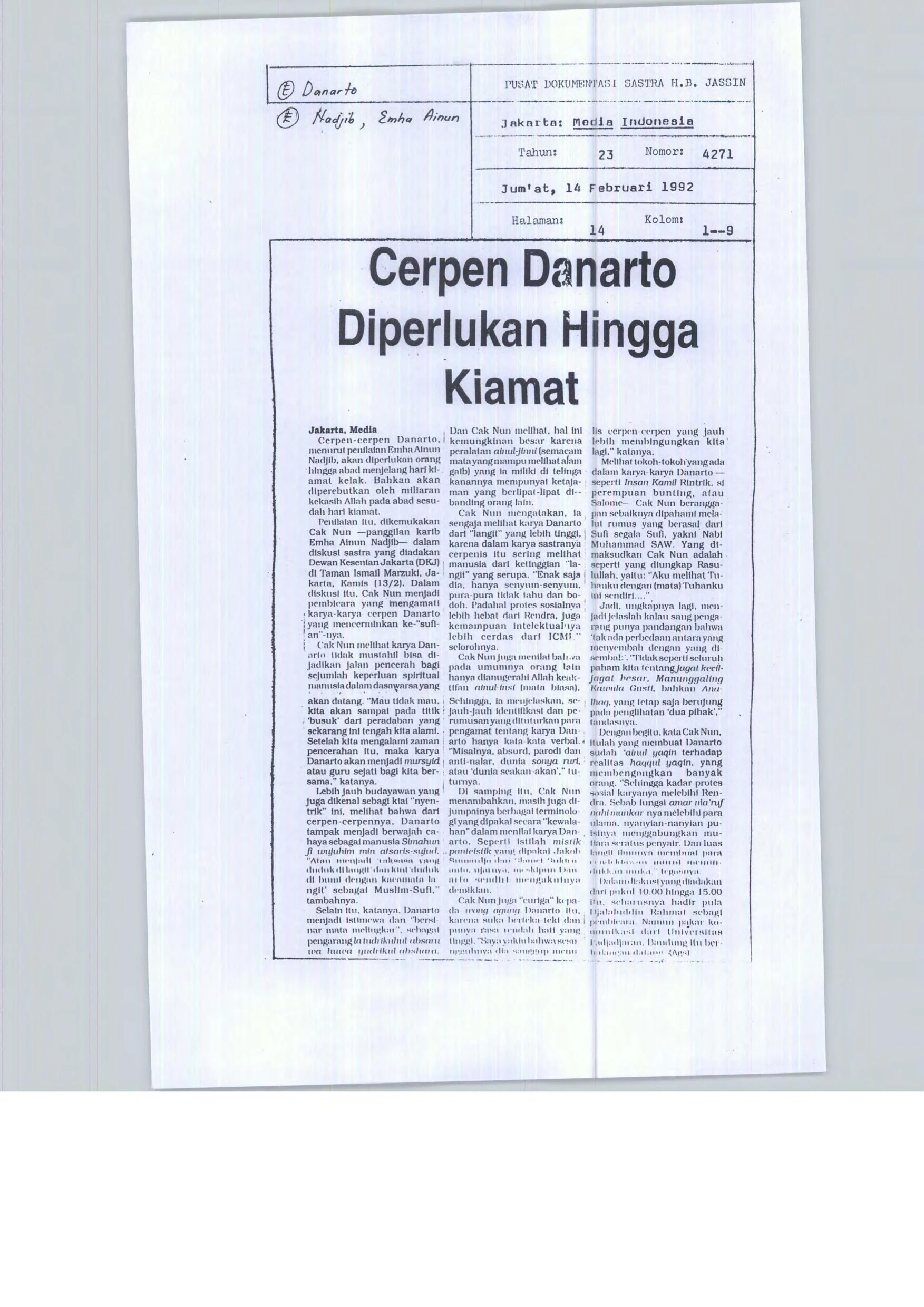 Cerpen Danarto Diperlukan Hingga Kiamat (Danarto's Short Stories are Needed Until the End of Time)