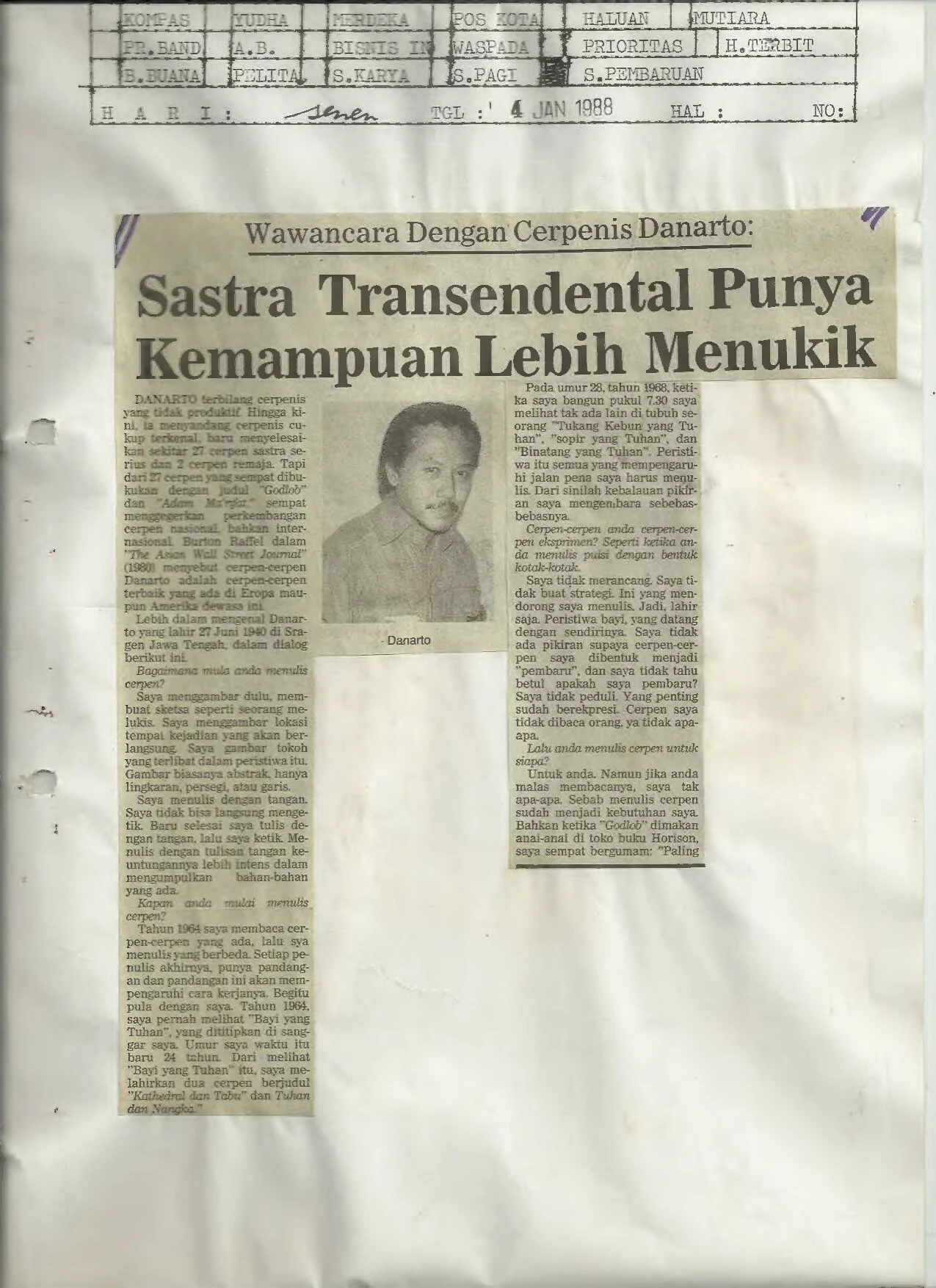 Wawancara dengan Cerpenis Danarto: Sastra Transendental Punya Kemampuan Lebih Menukik (Interview with Short Story Writer - Danarto: Transcendental Literature has More Potential to go Deeper)