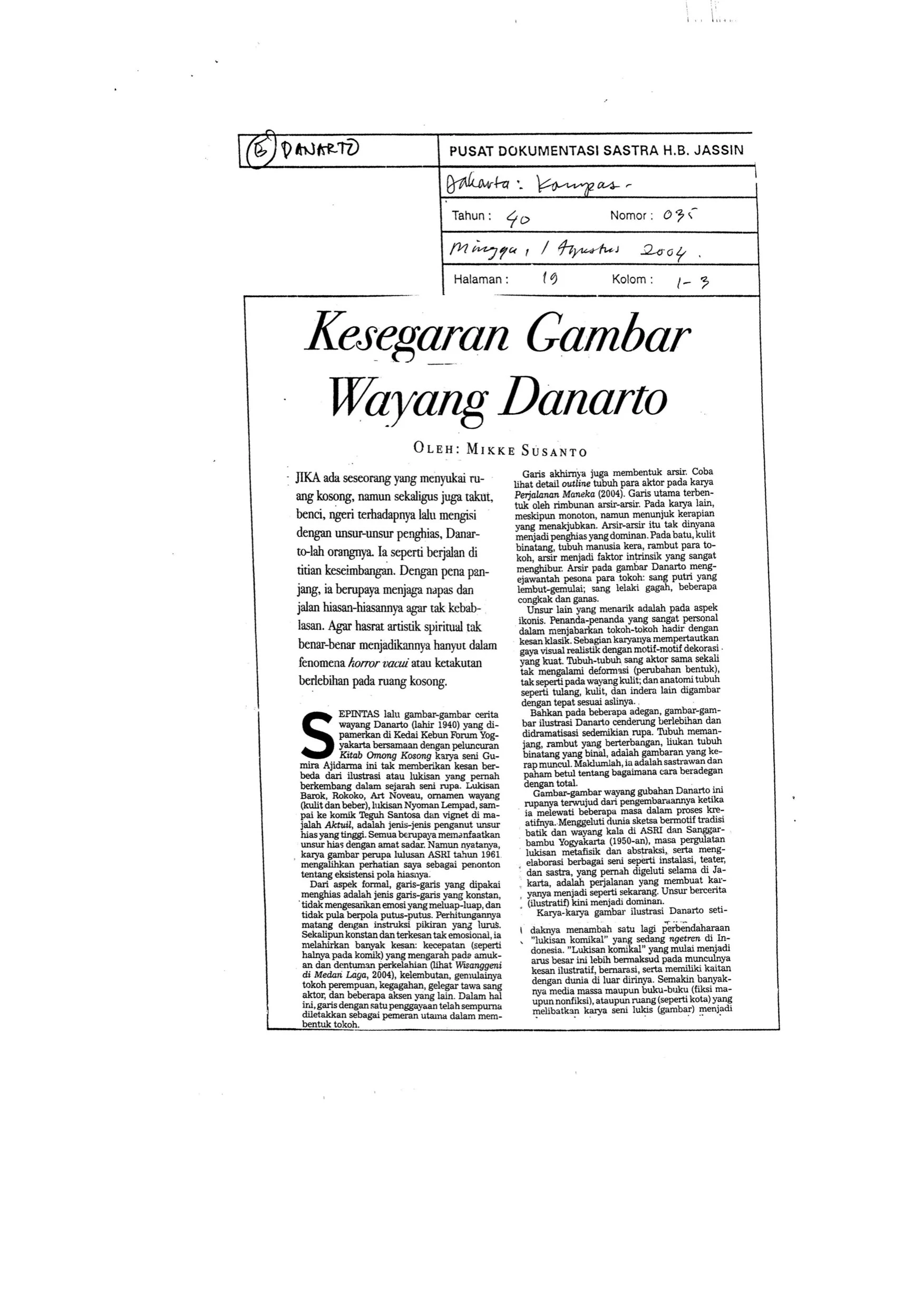 Kesegaran Gambar Wayang Danarto (A Breath of Fresh Air in Danarto's Wayang Drawings)