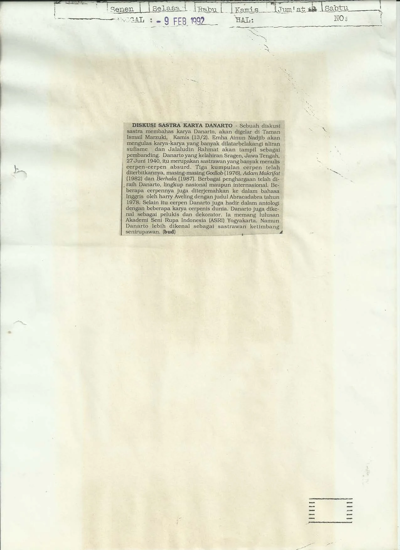 Diskusi Sastra Karya Danarto (Literary Discussion on Danarto's Works)