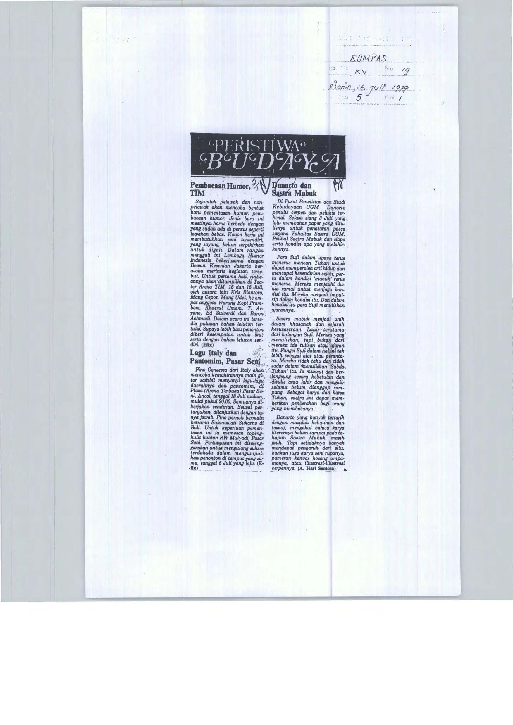 Danarto and Intoxicated Literature, in 'Cultural Happenings' column