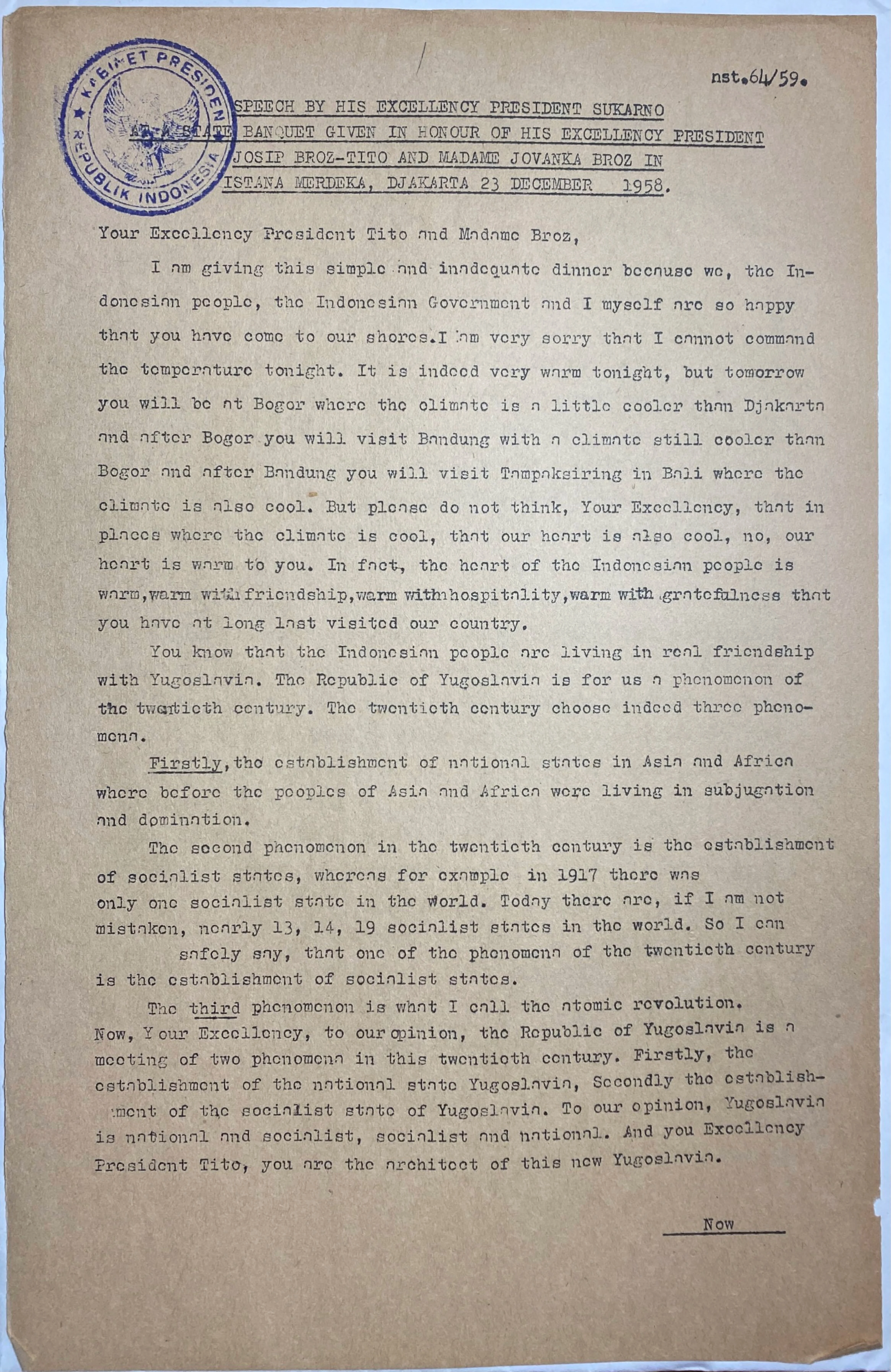 A Selection of Sukarno’s Speeches in Regard to Josip Broz Tito's Gifts