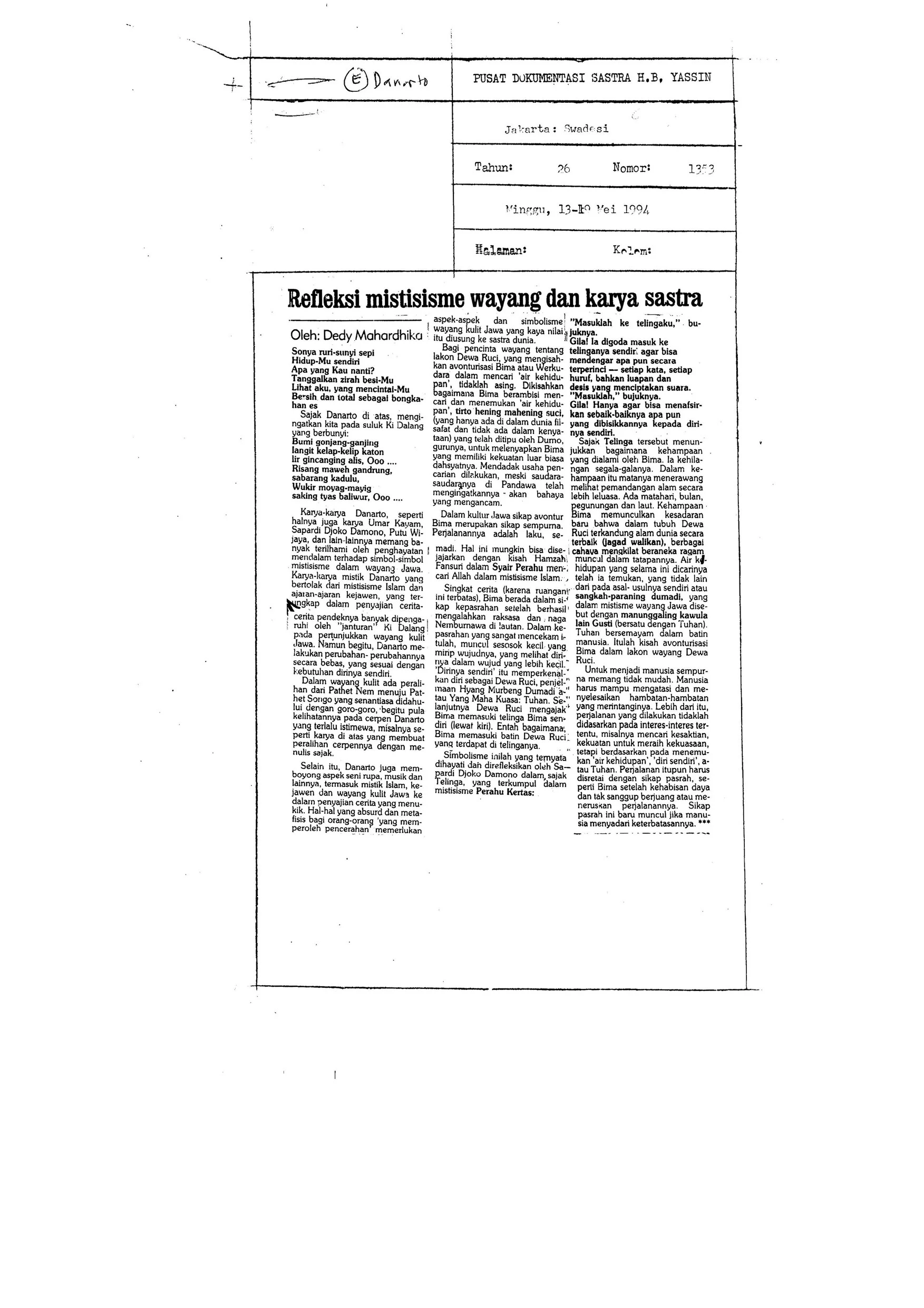Refleksi Mistisisme Wayang dan Karya Sastra (A Reflection on Wayang Mysticism and Literary Works)
