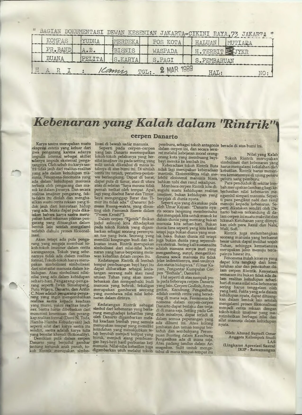 Kebenaran yang Kalah dalam "Rintrik" cerpen Danarto (The truth that lose in "Rintrik" a short story by Danarto)