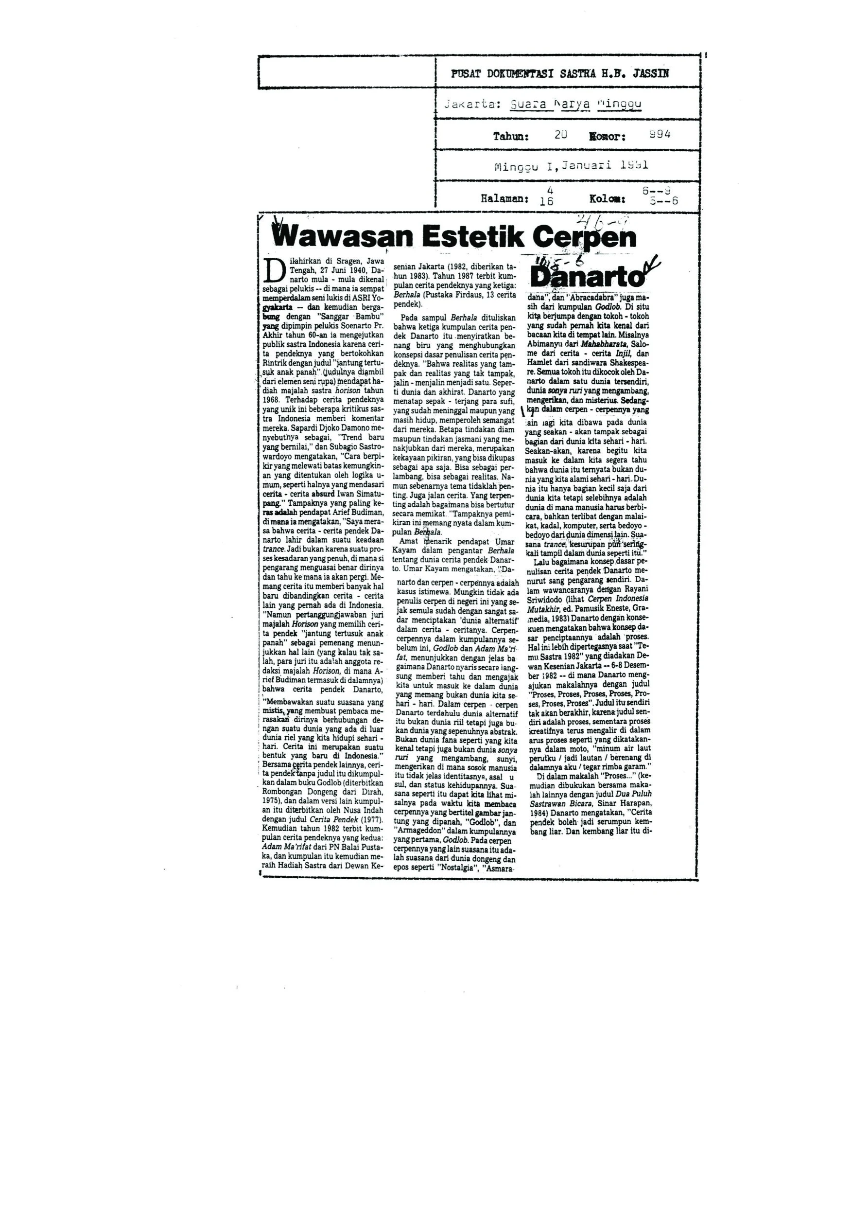 Wawasan Estetik Cerpen Danarto (The Aesthetic Concepts of Danarto's Short Stories)