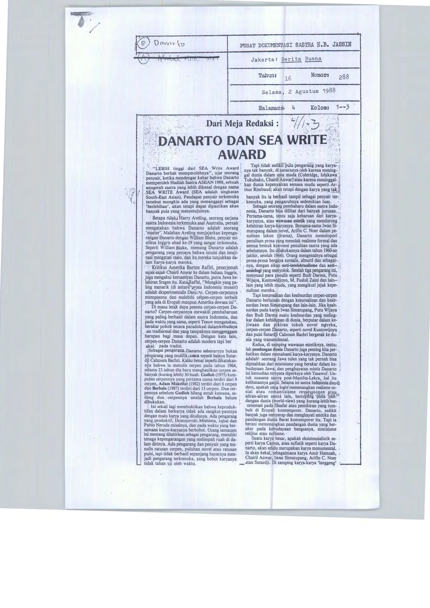 Danarto dan SEA Write Award (Danarto and SEA Write Award)