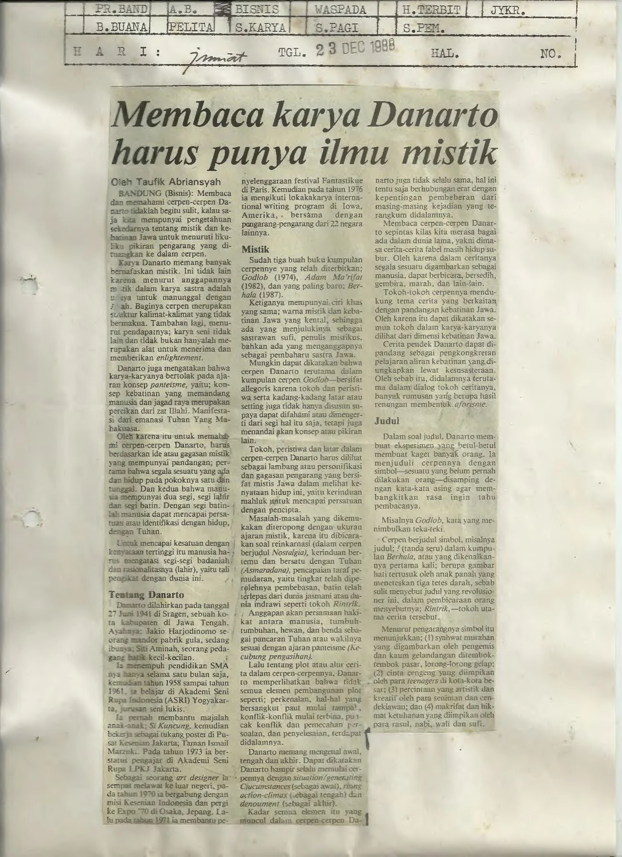 Membaca karya Danarto harus punya ilmu mistik (Mystical knowledge is needed to read Danarto's works)