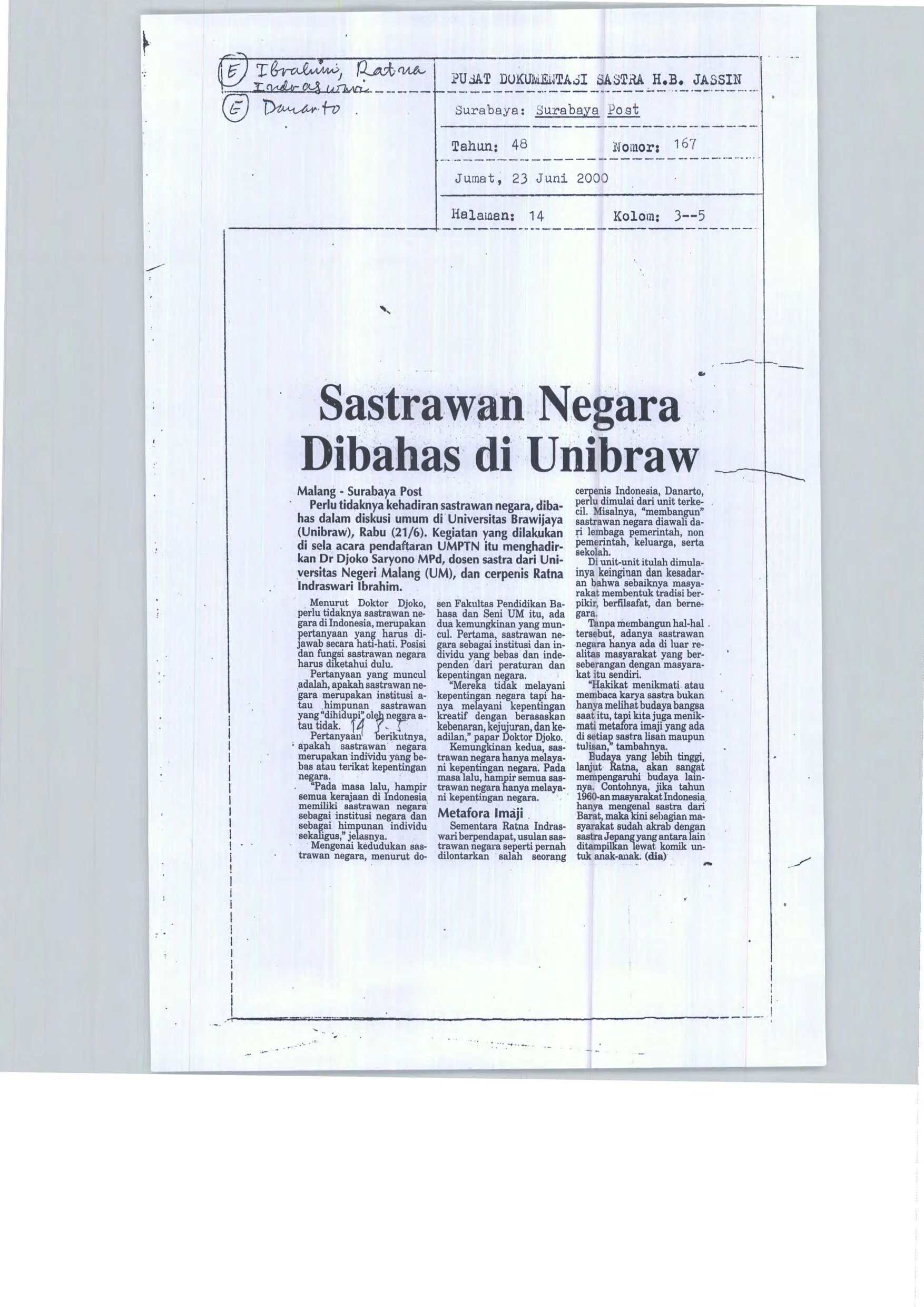 Sastrawan Negara Dibahas di Unibraw (National Writer Discussed in Unibraw)