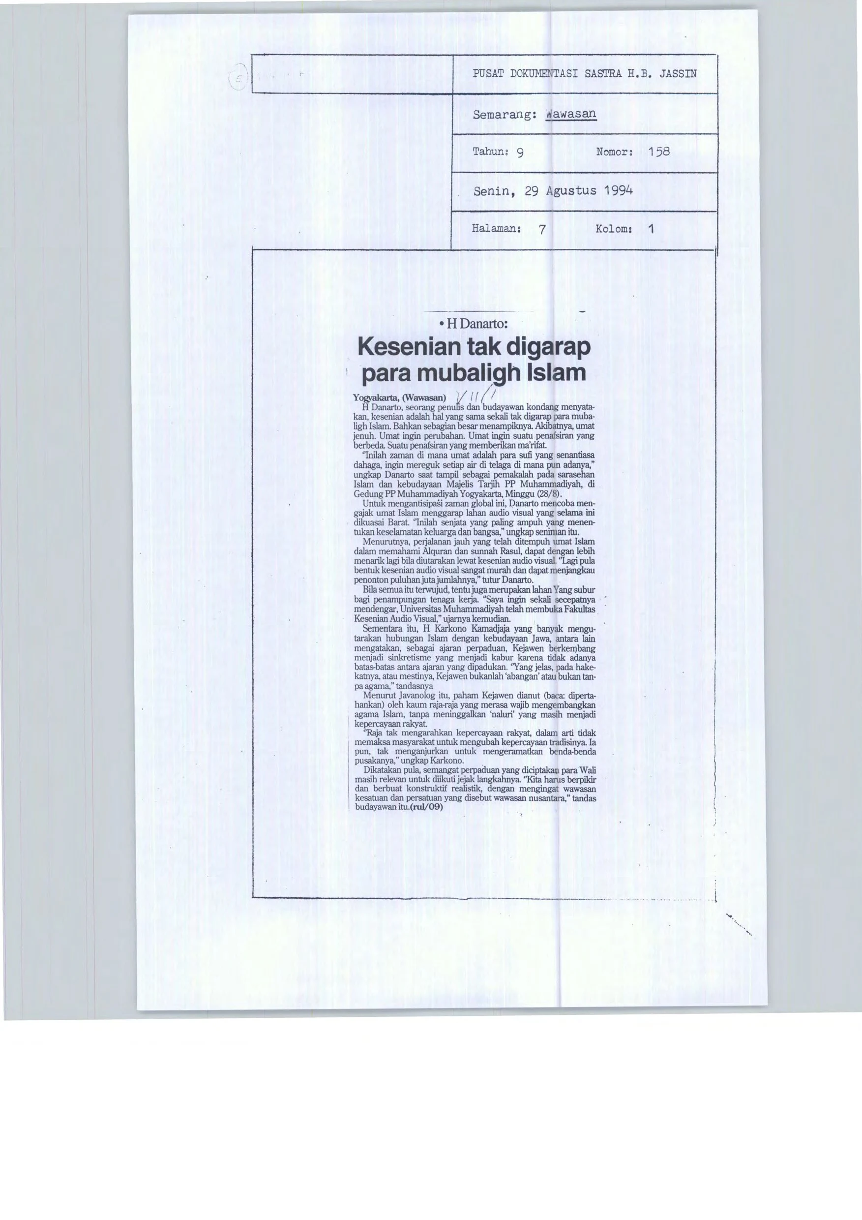 H Danarto: Kesenian tak digarap para mubaligh Islam (H Danarto: Muslim preachers don't work with art )