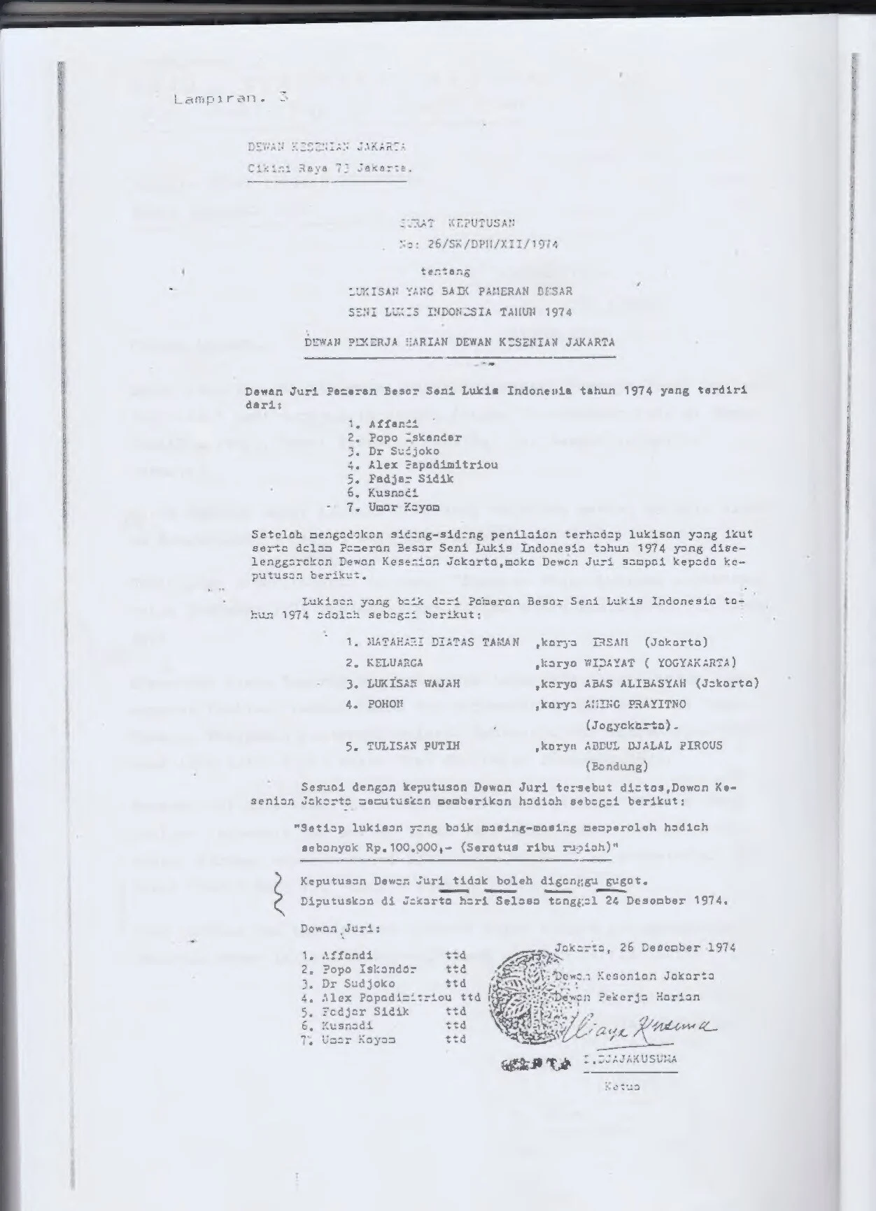 Jury’s Decision on What Good Paintings Meant of The 1974 Grand Painting Exhibition of Indonesia