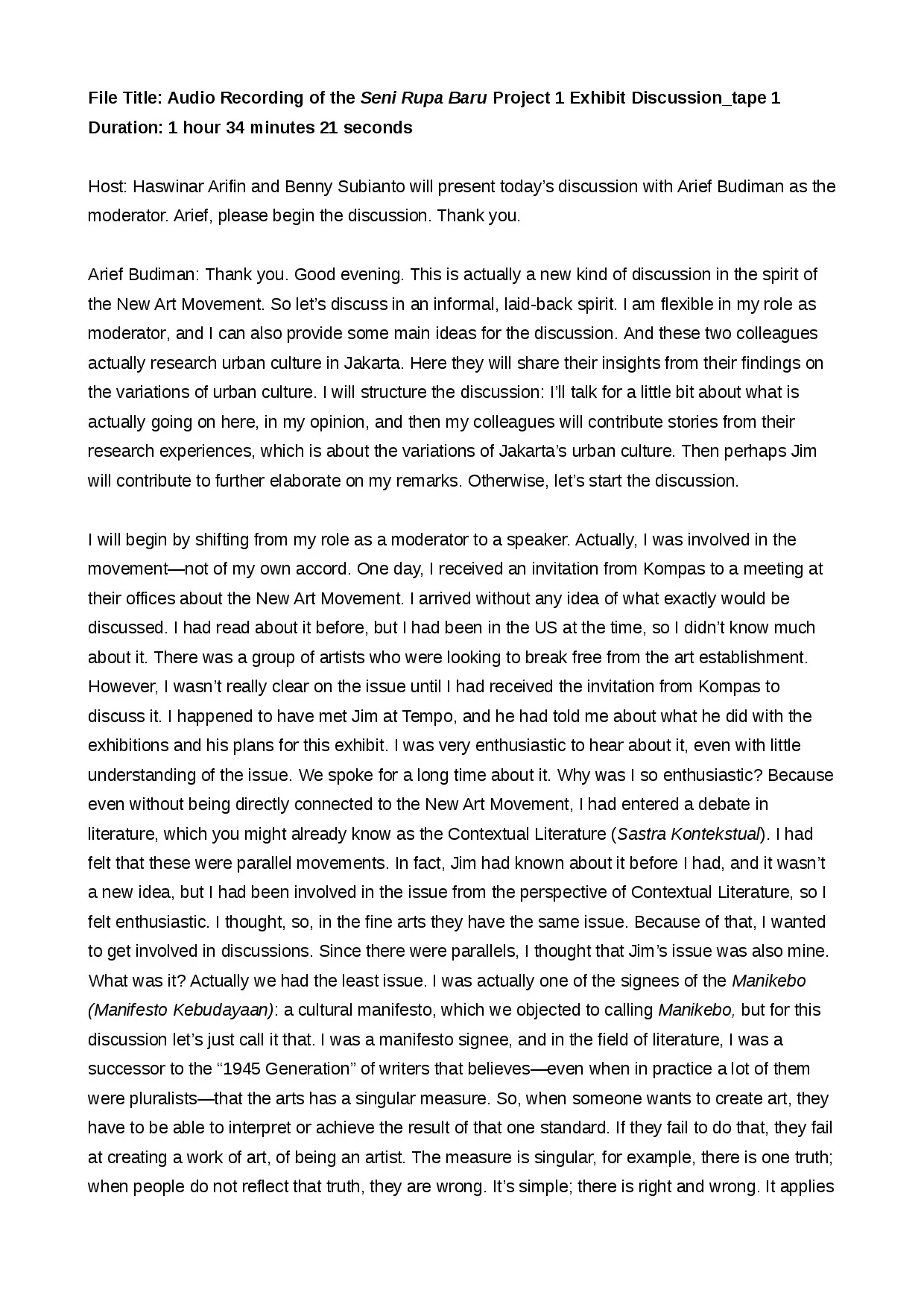 The audio transcription from the discussion of Pasar Raya Dunia Fantasi