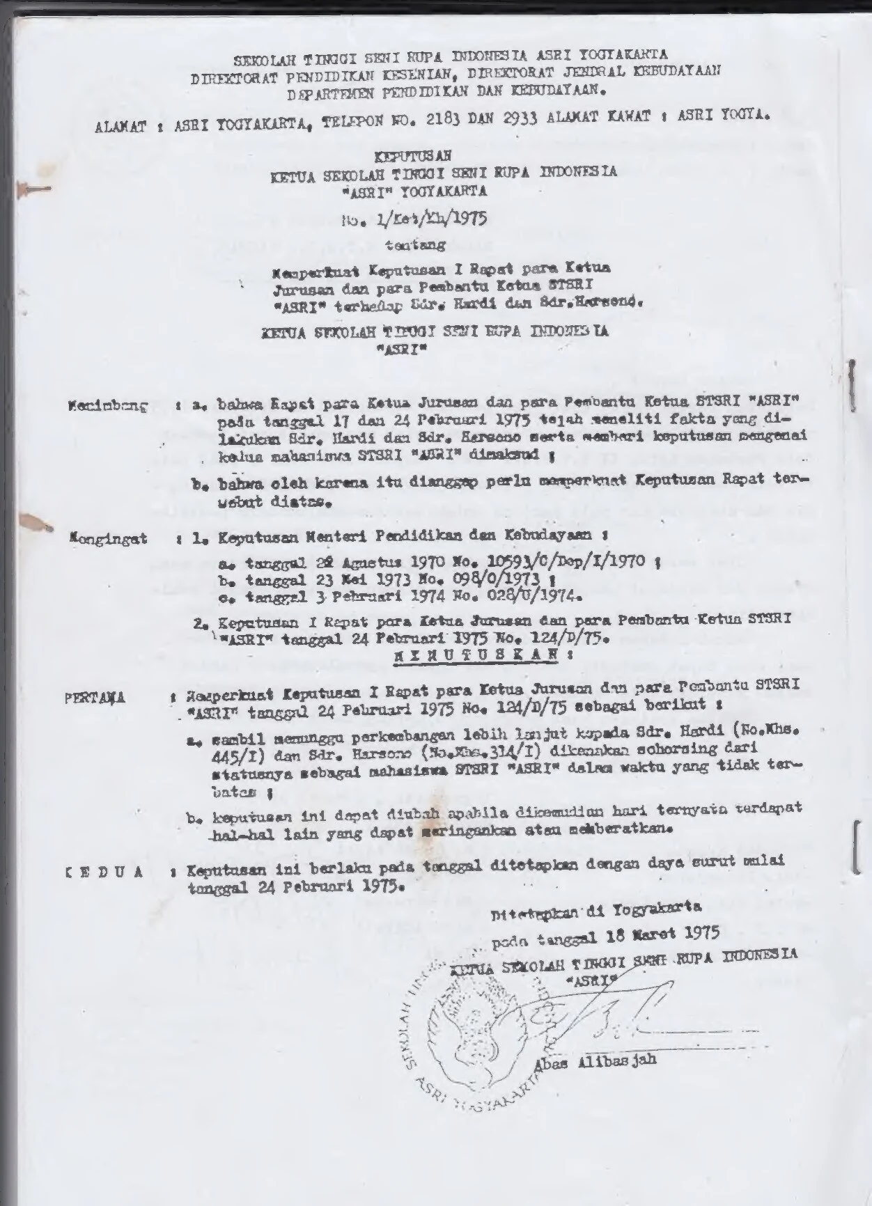 Suspension Note from ASRI’s Headmaster