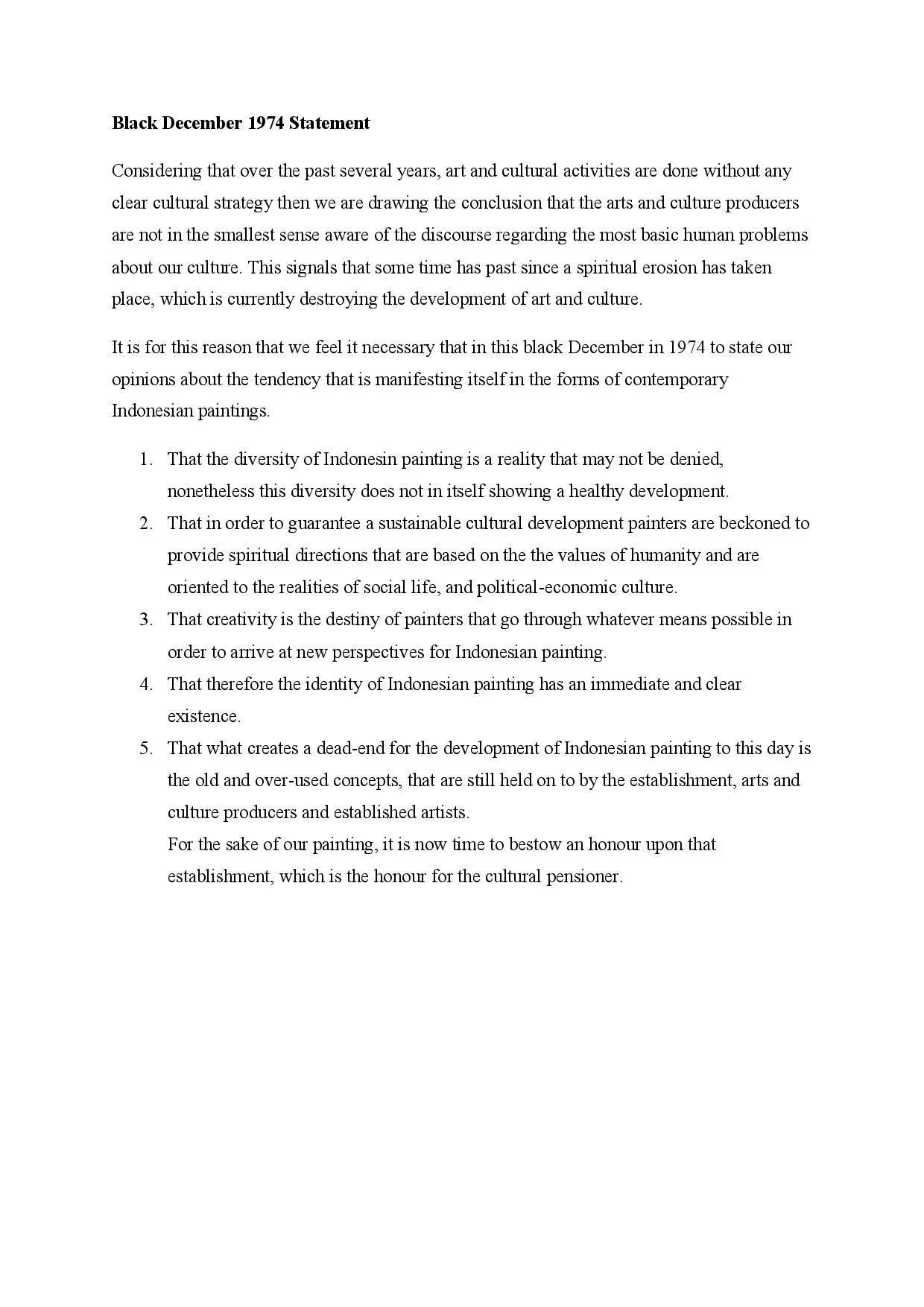 The 1974 Black December Official Statement