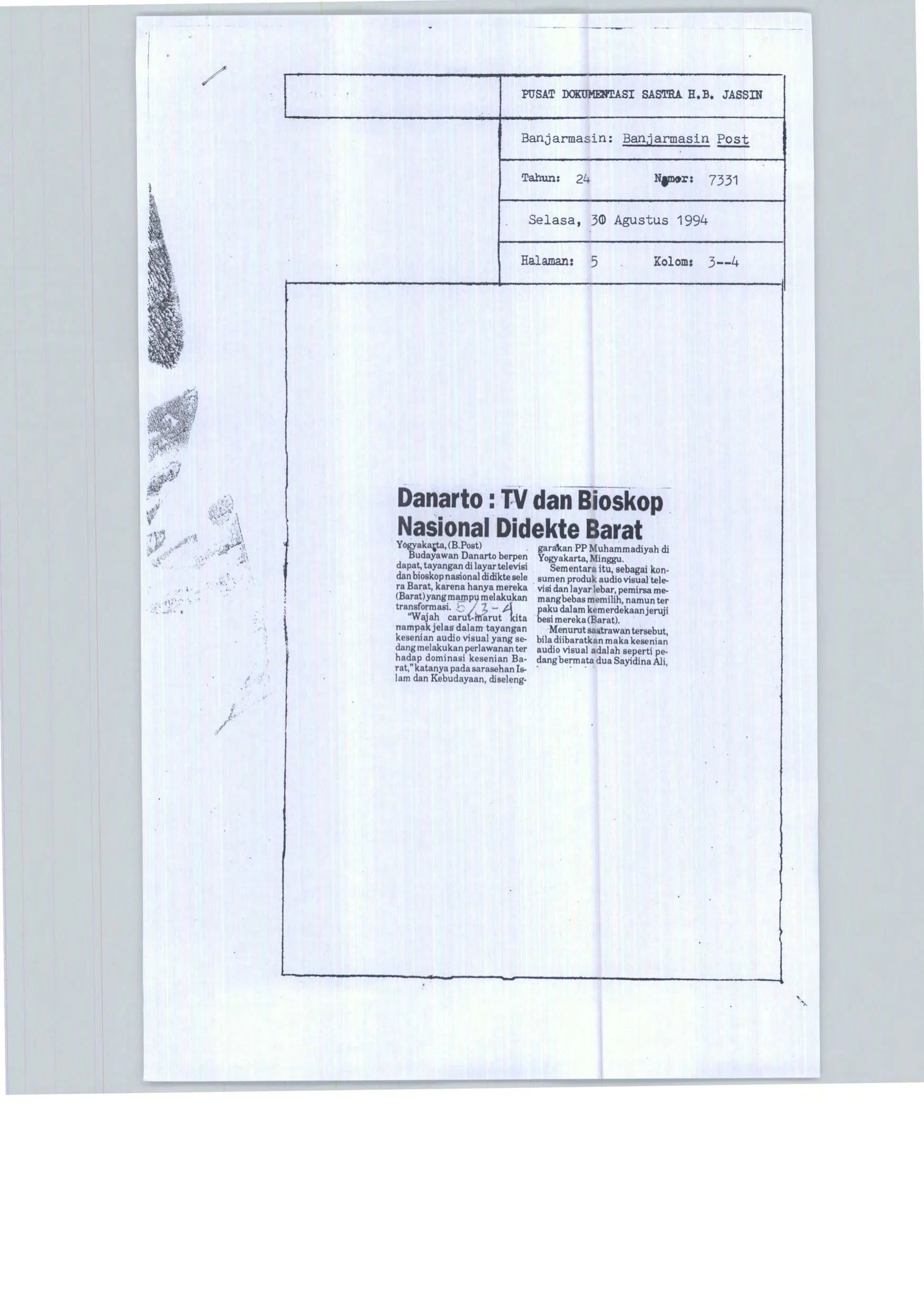 Danarto: TV dan Bioskop Nasional Didekte Barat (Danarto: National TV and Cinema is Dictated by the West)