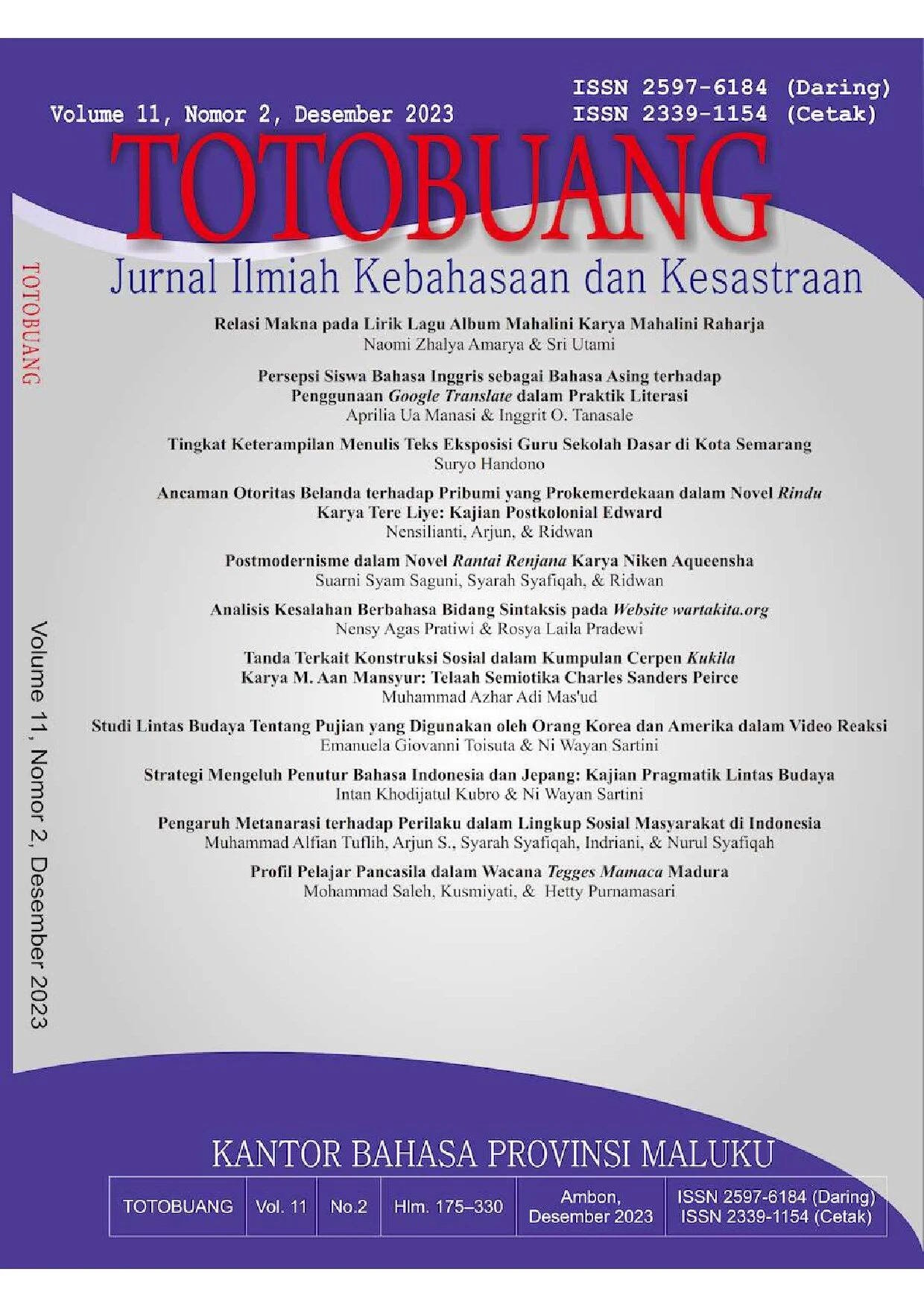 Totobuang: Jurnal Ilmiah Kebahasaan dan Kesastraan. Volume 11, Nomor 2, Desember 2023