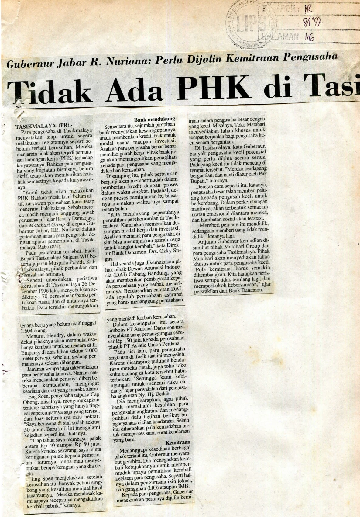 Pikiran Rakyat 9 January 1997 Tidak Ada PHK Di Tasik